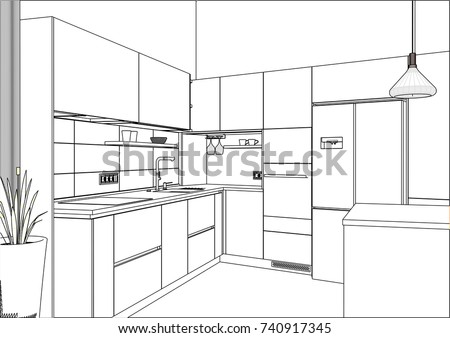 3d Vector Sketch Modern Kitchen Design Stock Vector 740917345 ...