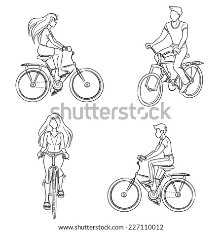 Man and woman riding a bicycle. Young girl and guy wearing summer clothes. Front and profile view. Vector monochrome, drawing by lines.