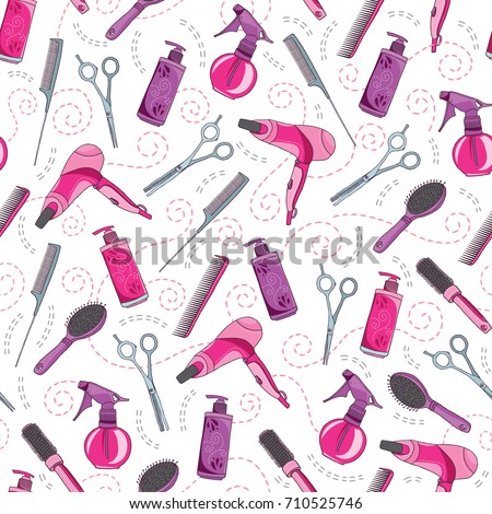 Hair craft vector seamless pattern. Hair cut professional salon background in colors of pink, purple and grey. Hairdresser's equipment elements design texture in doodle style