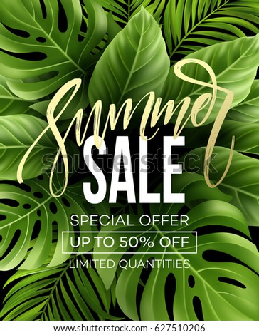 Sale banner, poster with palm leaves, jungle leaf and handwriting lettering. Floral tropical summer background. Vector illustration EPS10
