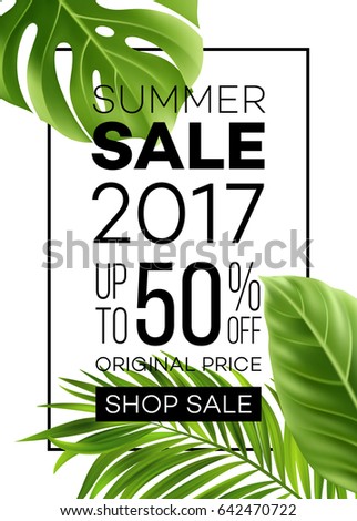 Sale banner, poster with palm leaves, jungle leaf and handwriting lettering. Floral tropical summer background. Vector illustration EPS10