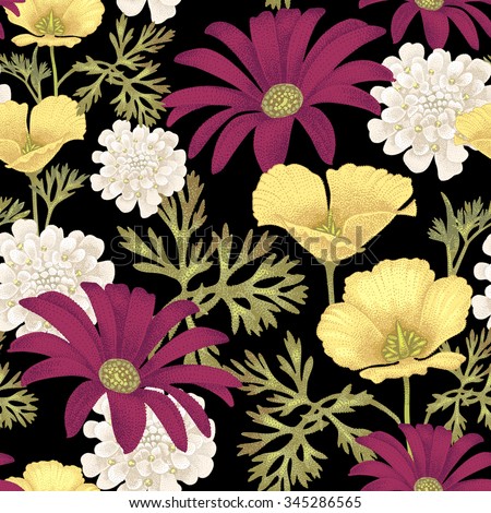 vector seamless pattern with garden flowers on a black background floral illustration in vintage style - Garden Flowers vector seamless pattern with garden flowers on a black background floral illustration in vintage style - Garden Flowers