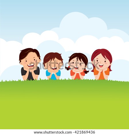 Family lying on the grass. Vector illustration of joyful family having fun outdoors, lying down on green grass to enjoy nature.