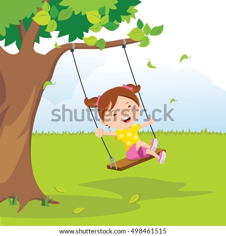 Little Girl On Swing Under Tree Stock Vector 498461515 Shutterstock