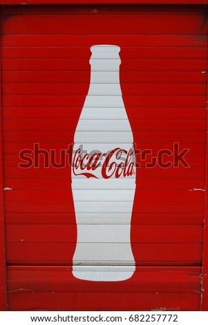 CocaCola Truck With Logos And Glass Bottle Image - Soft Drink / Pop - Vintage / Retro Red Vehicle - TORONTO, CANADA - July 2017