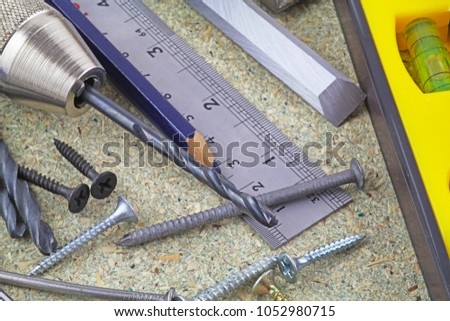 carpenter tools carpenters bench various tools stock photo royalty