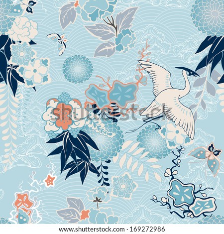 Kimono background with crane and flowers vector illustration