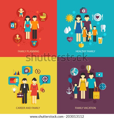 Business concept flat icons set of family planning health career and vacation infographic design elements vector illustration