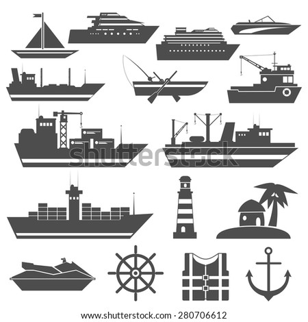 Ship icon black set with sailing cargo cruise vessels isolated vector illustration