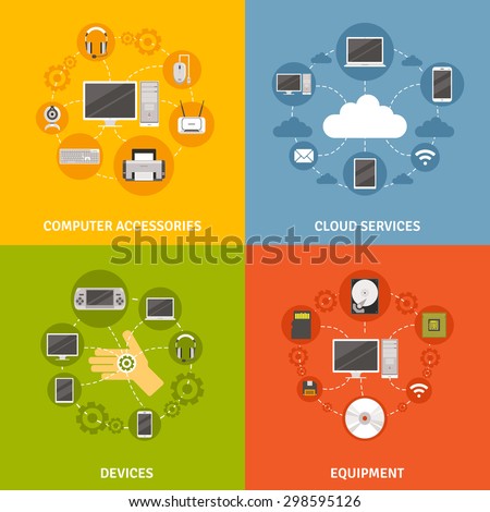 Computer devices accessories and equipment and cloud service scheme  flat icon set isolated vector illustration