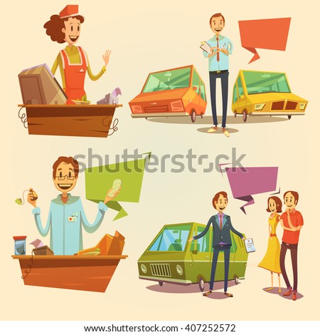 Salesman retro cartoon set with car dealer and pharmacy salesman isolated vector illustration