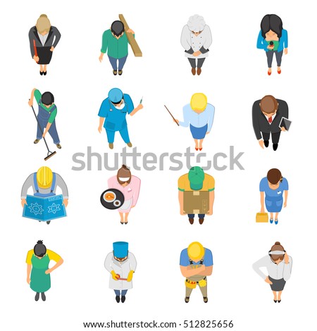 Professions top view isolated colored icons set of waitress doctor teacher nurse janitor plumber isolated vector illustration
