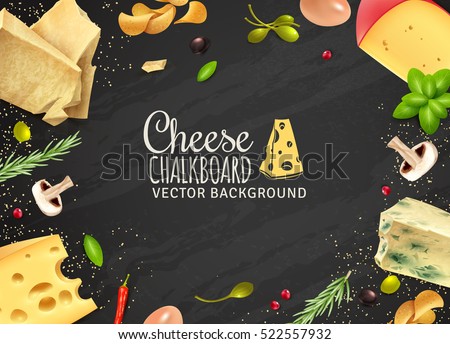 Delicious cheese background with products of different sorts mushrooms and vegetables on chalkboard vector illustration