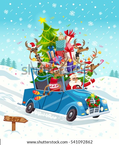 Funny cartoon background poster with santa and group of reindeer characters riding oldschool car on snowfield vector illustration