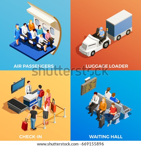 Isometric 2x2 design concept with set of scenes with people at airport and on board 3d isolated vector illustration