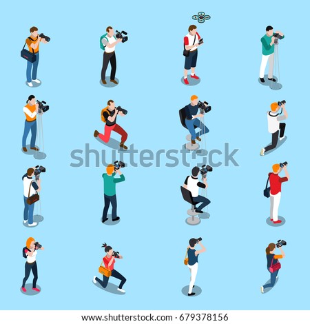 Isometric set with photographers and cameramen in various poses with equipment on blue background isolated vector illustration