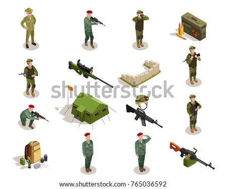 Army personnel military kit personal belongings ammunition weapon isometric icons collection with servicemen in uniform isolated vector illustration
