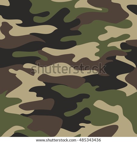 Camouflage pattern background seamless vector illustration. Classic clothing style masking camo repeat print. Green brown black olive colors forest texture