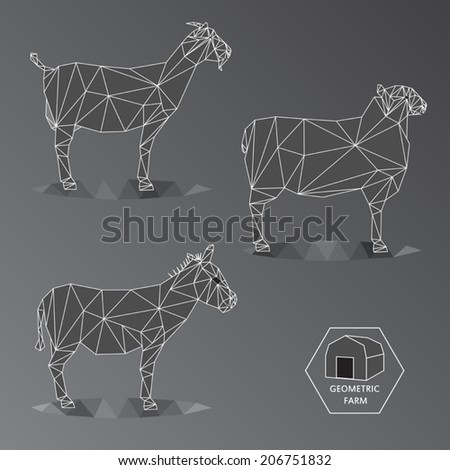 Grey Scale Illustration Of Geometric Farm Animals Made Triangle Polygons Wire Outline Set Grey Scale Illustration Of Geometric Farm Animals Made Triangle Polygons Wire Outline Set