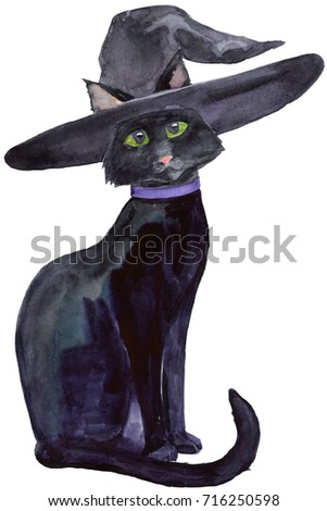 Black Halloween Cat With Witch Hat And Violet Collar Watercolor Isolated