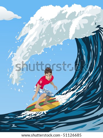 Computer-made illustration of a cool surfer riding a big ocean wave ...