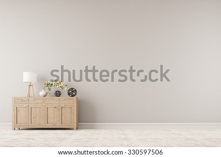 Cabinet with plant and lamp in front of a background wall (3D Rendering)