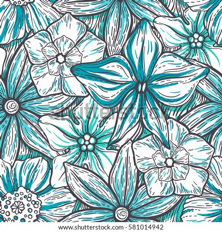 Hand drawn pattern with decorative floral ornament. Stylized colorful flowers. Summer spring neutral background. Vector illustration