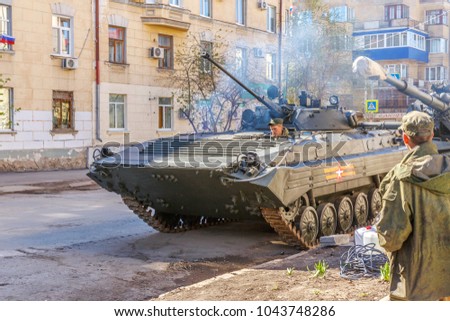Russia, Samara, May 2017: BMP-2 caterpillar infantry combat vehicle on a city street prepared for the Victory Day parade on a spring sunny day.