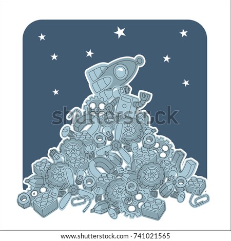 A Pile Of Parts And Components With Rocket On Top Stars In The Sky