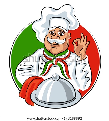 Italian chef showing okay sign with silver plate tray. Vector ...