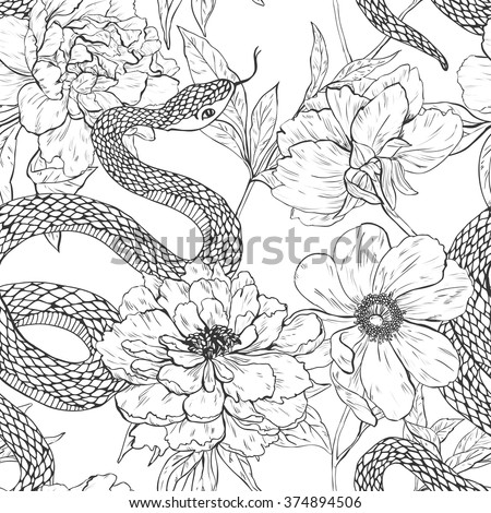 Snakes Flowers Tattoo Art Coloring Books Stock Vector 377731144 Hand