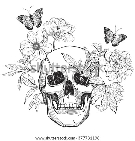 skull flowers butterfly tattoo art coloring stock vector 377731198 skull flowers butterfly tattoo art coloring stock vector 377731198