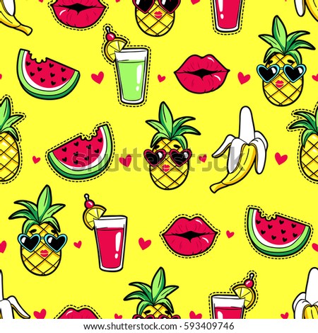 Tropic seamless pattern with pineapple, lips, cocktail, watermelon, banana. Vector background with fashion stickers and patches in cartoon 80s-90s trendy style.