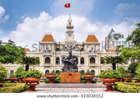 Ho Chi Ming City, Vietnam - January 18: The Ho Chi Minh City Hall, or Ho Chi Minh City People's Committee, built in 1902-1908 in a French colonial style for the then city of Saigon, Vietnam.