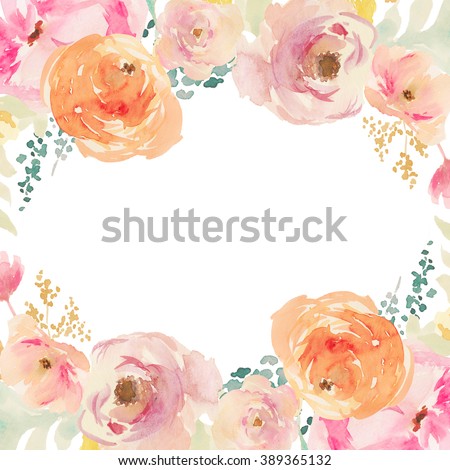 Peach and Orange Watercolor Flower Frame. Watercolor Floral Background. Painted Flower Background.
