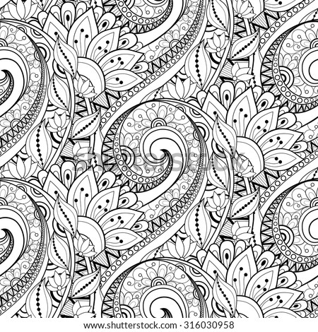 Vector Seamless Monochrome Floral Pattern Hand Drawn Texture Decorative Flowers Coloring Book