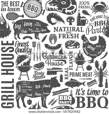Retro styled typographic vector barbecue seamless pattern or background. BBQ, meat, vegetables, beer, wine and equipment icons for cafe, bar and restaurant menu, branding and identity