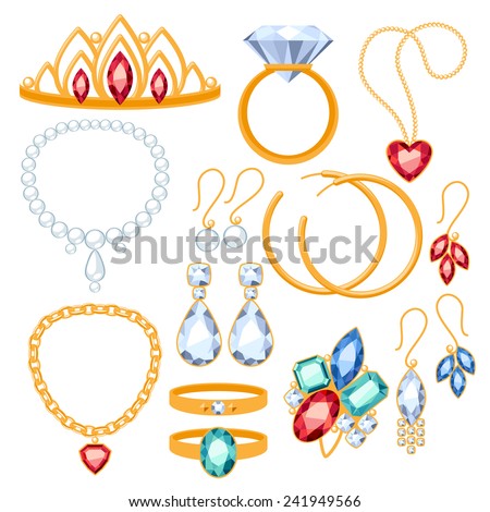 Set of jewelry items. Gold and gemstones precious accessorize - tiara, necklace, pearl beads, ring, earrings, bracelet, brooch.