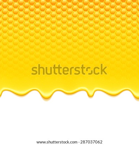 Glossy yellow pattern with honeycomb and sweet honey drips. Sweet background.