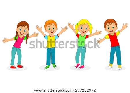 children,boys and girls smiling with their hands up, illustration ...