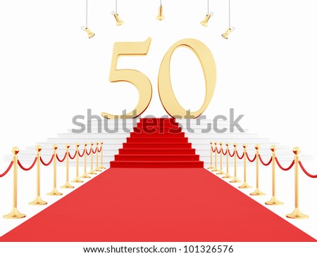 fiftieth anniversary with red carpet isolated on white-rendering - stock photo