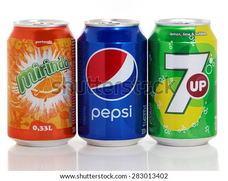 BUCHAREST, ROMANIA - MAY 31, 2015. Can of Pepsi, Mirinda and 7up. These carbonated soft drink are produced and manufactured by PepsiCo and are the flagship products of this company.