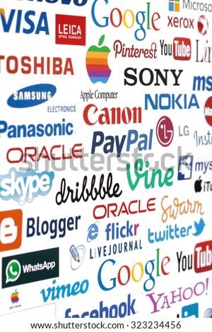 KIEV, UKRAINE - OKTOBER 03, 2015: A logotype collection of well-known world brand's printed on paper. Include Google, Samsung, Nokia, Facebook, PayPal, Sony, Visa and more others logo. Selective focus