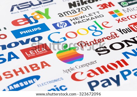 KIEV, UKRAINE - OKTOBER 03, 2015: A logotype collection of well-known world brand's printed on paper. Include Google, Samsung, Nokia, Facebook, PayPal, Sony, Visa and more others logo. Selective focus
