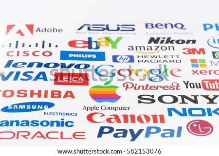 KIEV, UKRAINE - OKTOBER 03, 2015: A logotype collection of well-known world brand's printed on paper. Include Google, Samsung, Nokia, Apple, PayPal, Sony, Visa, Ebay and others logo. Selective focus