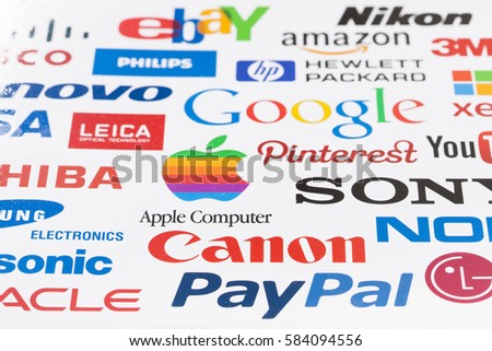 KIEV, UKRAINE - OKTOBER 03, 2015: A logotype collection of well-known world brand's printed on paper. Include Google, Samsung, Nokia, Apple, PayPal, Sony, Visa, Ebay others logo. Selective focus