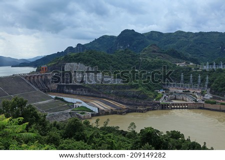 HOA BINH, VIETNAM - AUG 4, 2014: View of Hoa Binh Hydroelectricity Plant. This plant was built from 1979 to 1994 with 8 machines provides 1920 MW, equal to one third of productivity of Vietnam.