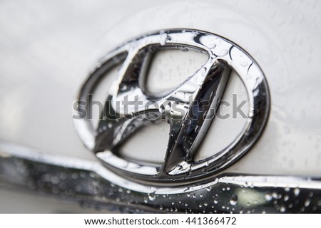 Shenzhen, China - Jun 14, 2016: Close up of the logo of Hyundai motor on the car front, taken in a test drive. Hyundai is a South Korean automotive manufacturer, headquarter in Seoul, South Korea.