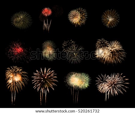 Colorful assorted fireworks selection on a black background.