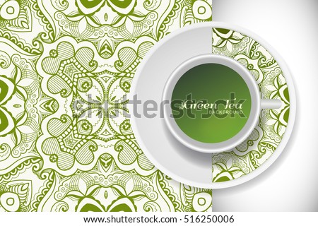 Cup of green tea with doodle ornament on a saucer and hand drawn seamless floral sketch pattern. Business coffee break or tea time concept, interior background. Isolated cup and plate decor elements
